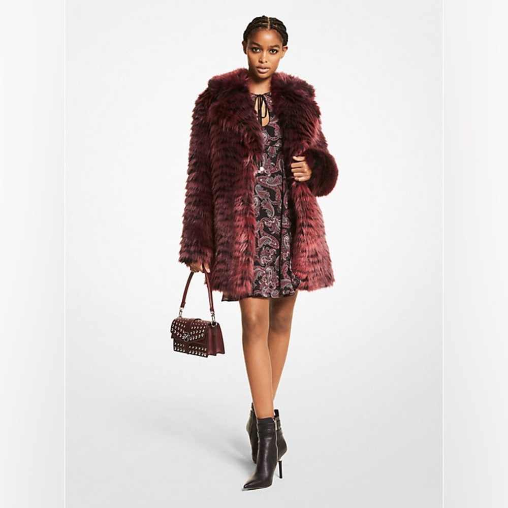 NWT MICHAEL Michael Kors Tiger Print Merlot Red/Black Striped Faux Fur Coat - XS
